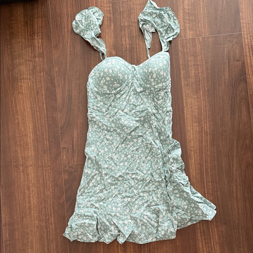 New Look Mint Green Floral Ruffle Strap Mini Dress